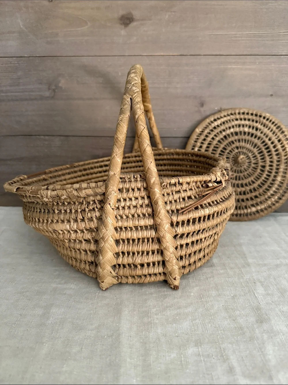 Old Hand Woven Basket with Handle & Lid